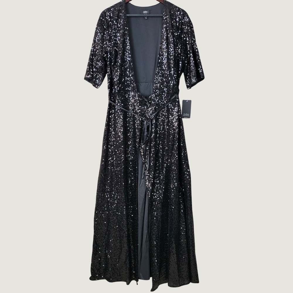 Aidan Mattox Sequin Wrap Gown Womens 14 Black New MN1E201524 Formal Maxi